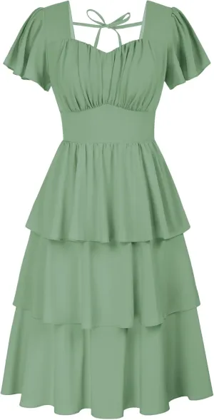 Belle Poque Women's Square Neck Tiered Ruffle Dress 2025 Summer Vintage Short Sleeve Layered A-line Swing Midi Dress
