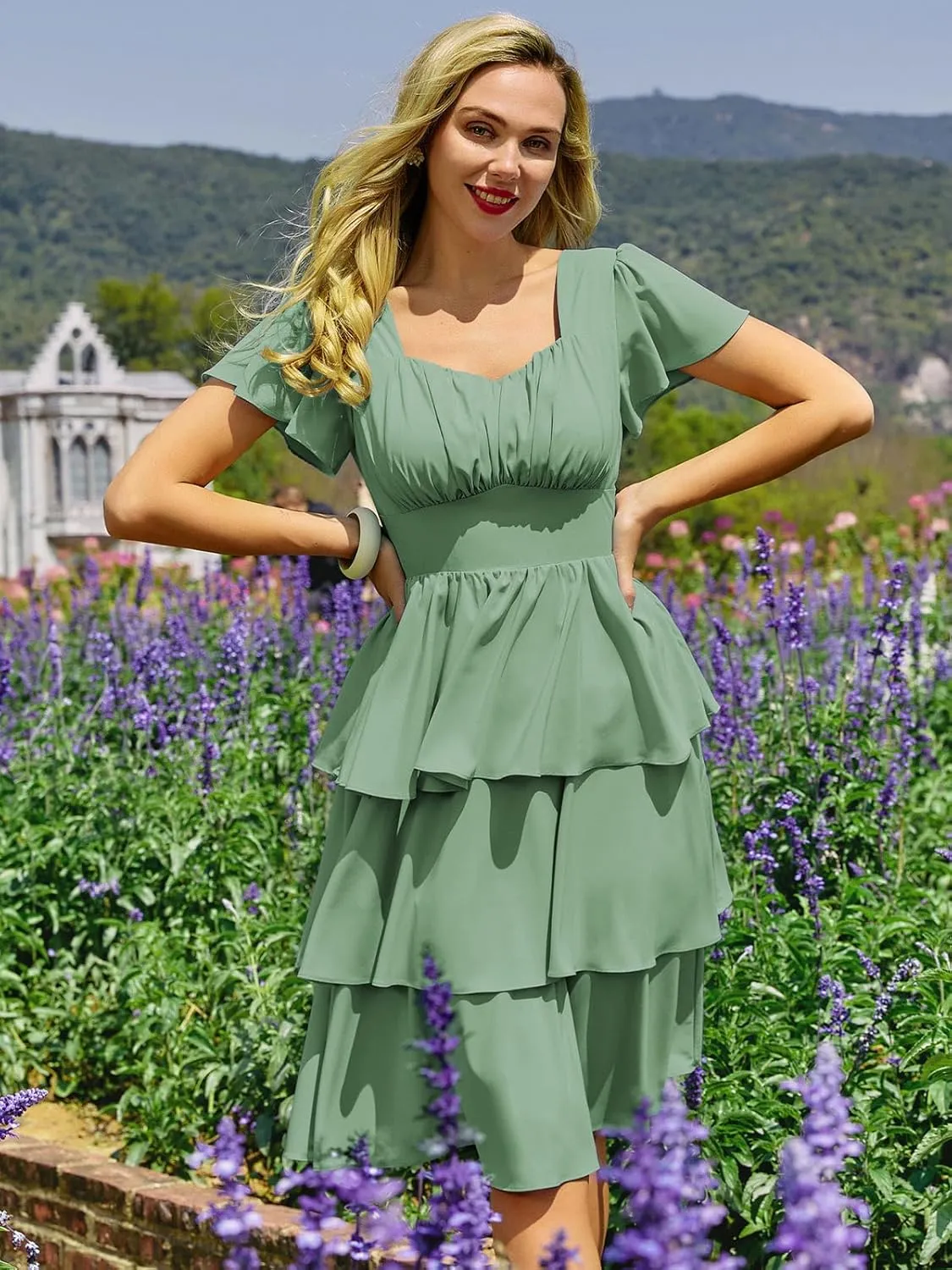 Belle Poque Women's Square Neck Tiered Ruffle Dress 2025 Summer Vintage Short Sleeve Layered A-line Swing Midi Dress