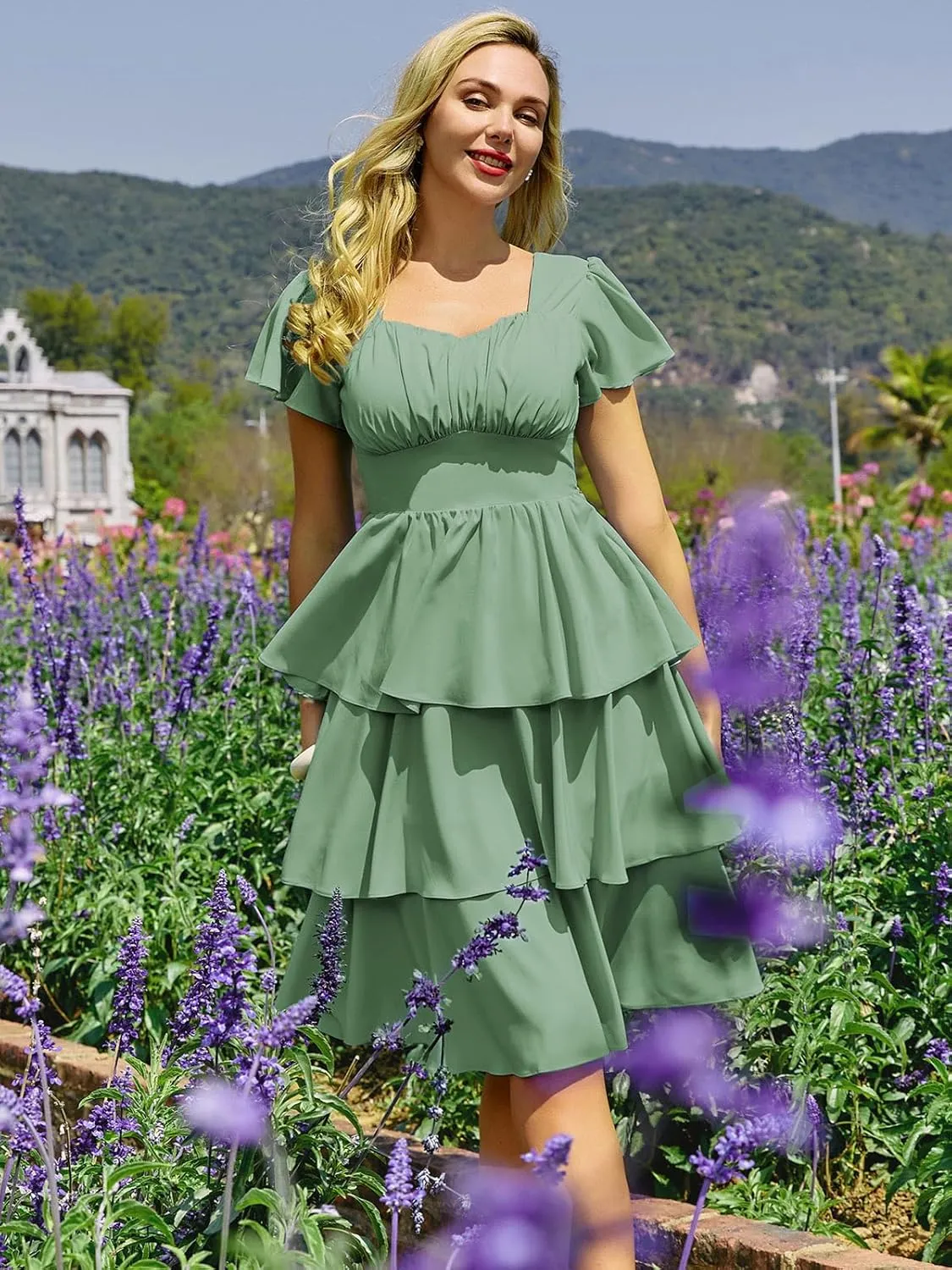 Belle Poque Women's Square Neck Tiered Ruffle Dress 2025 Summer Vintage Short Sleeve Layered A-line Swing Midi Dress