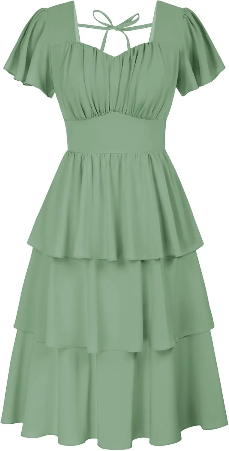 Belle Poque Women's Square Neck Tiered Ruffle Dress 2025 Summer Vintage Short Sleeve Layered A-line Swing Midi Dress