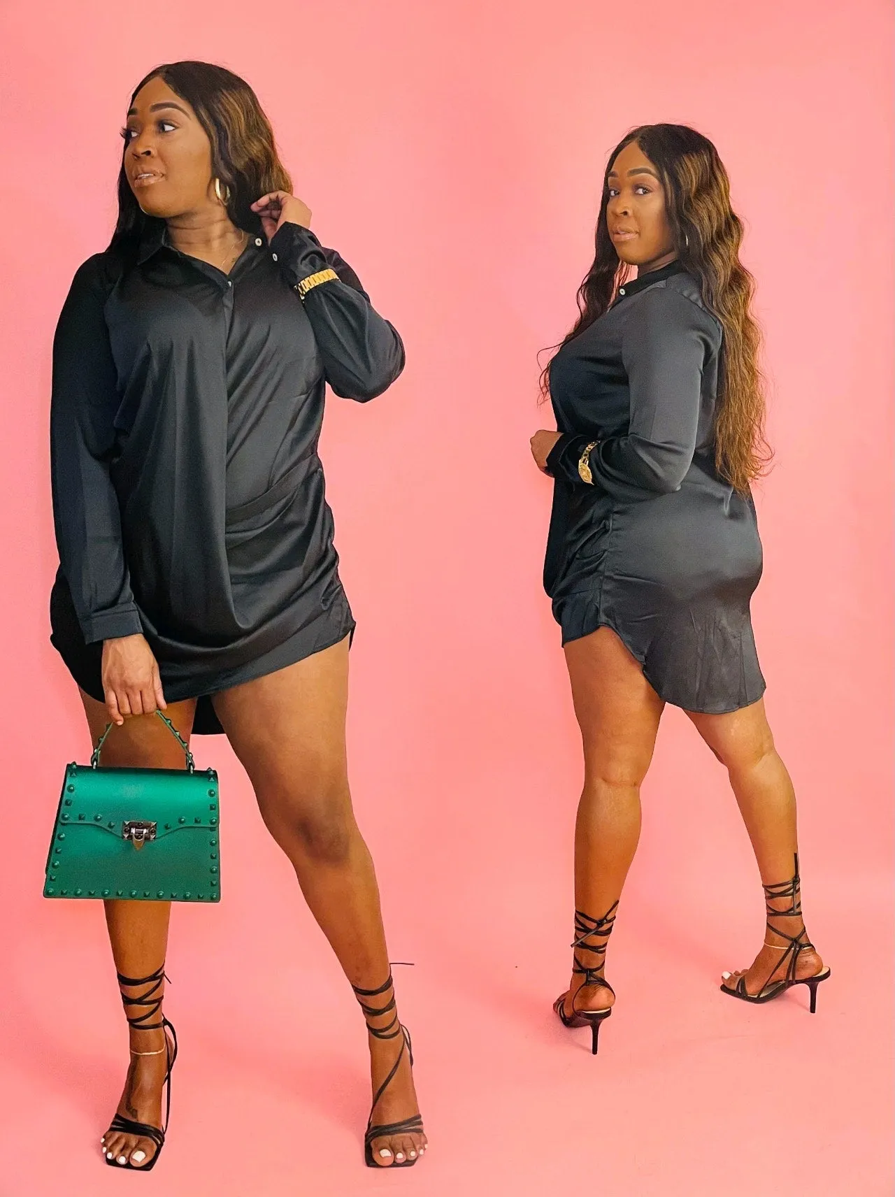Better Than Black Long Sleeve Button Up High Low Satin Shirt Dress
