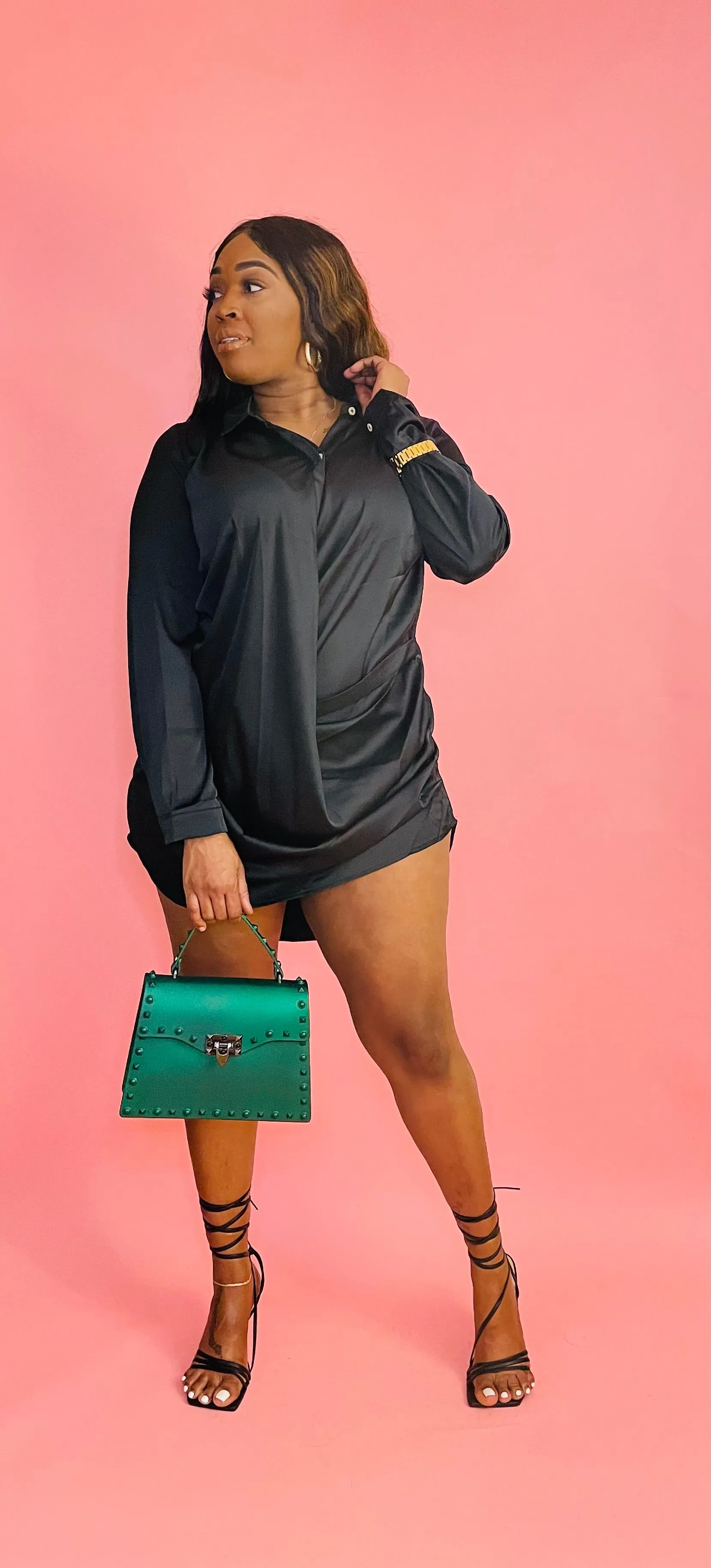 Better Than Black Long Sleeve Button Up High Low Satin Shirt Dress