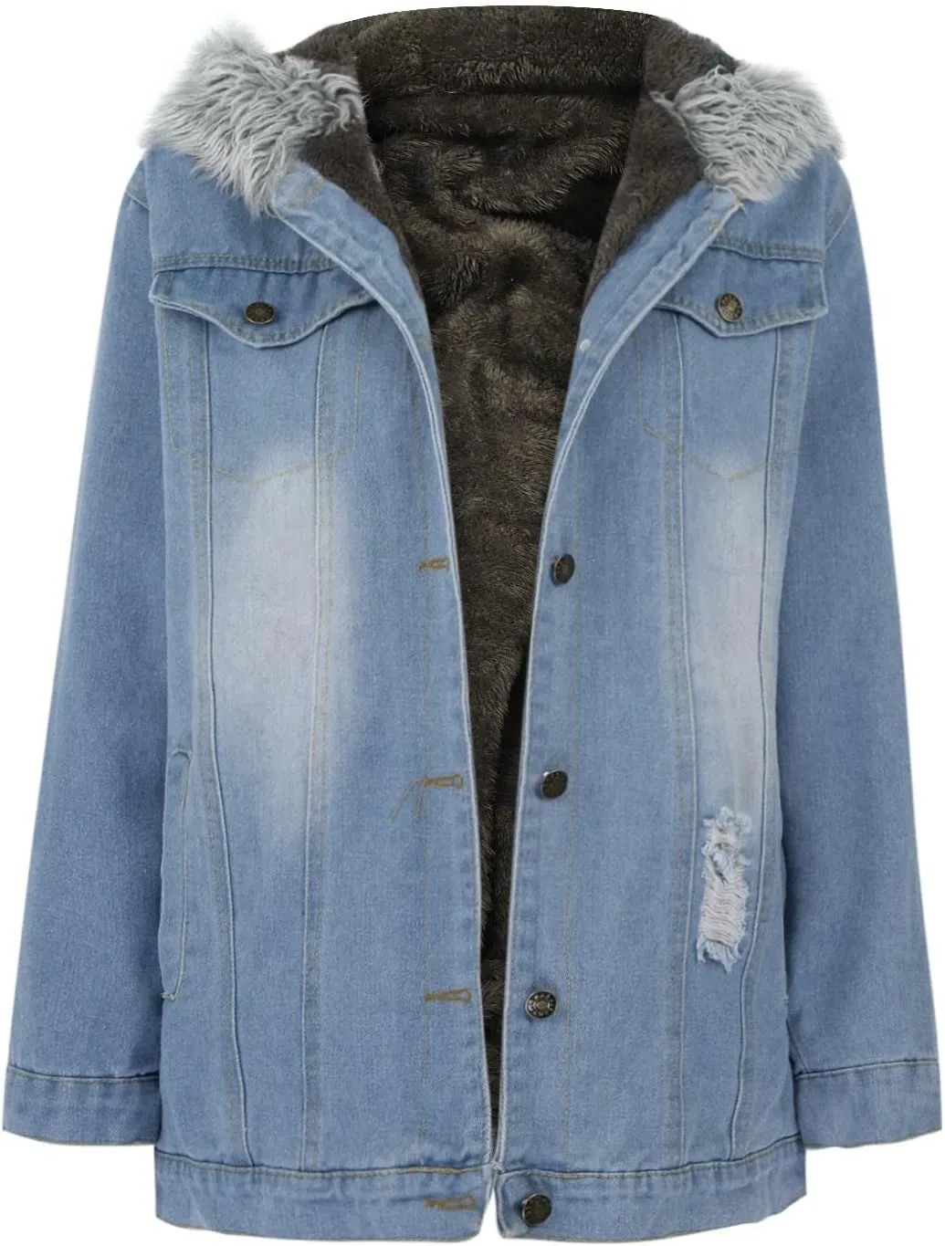 Binmer Women's Fleece Sherpa Lined Denim Jackets Faux Fur Hoodies Coat Winter Warm Button Down Coats Shaggy Warm Outerwear