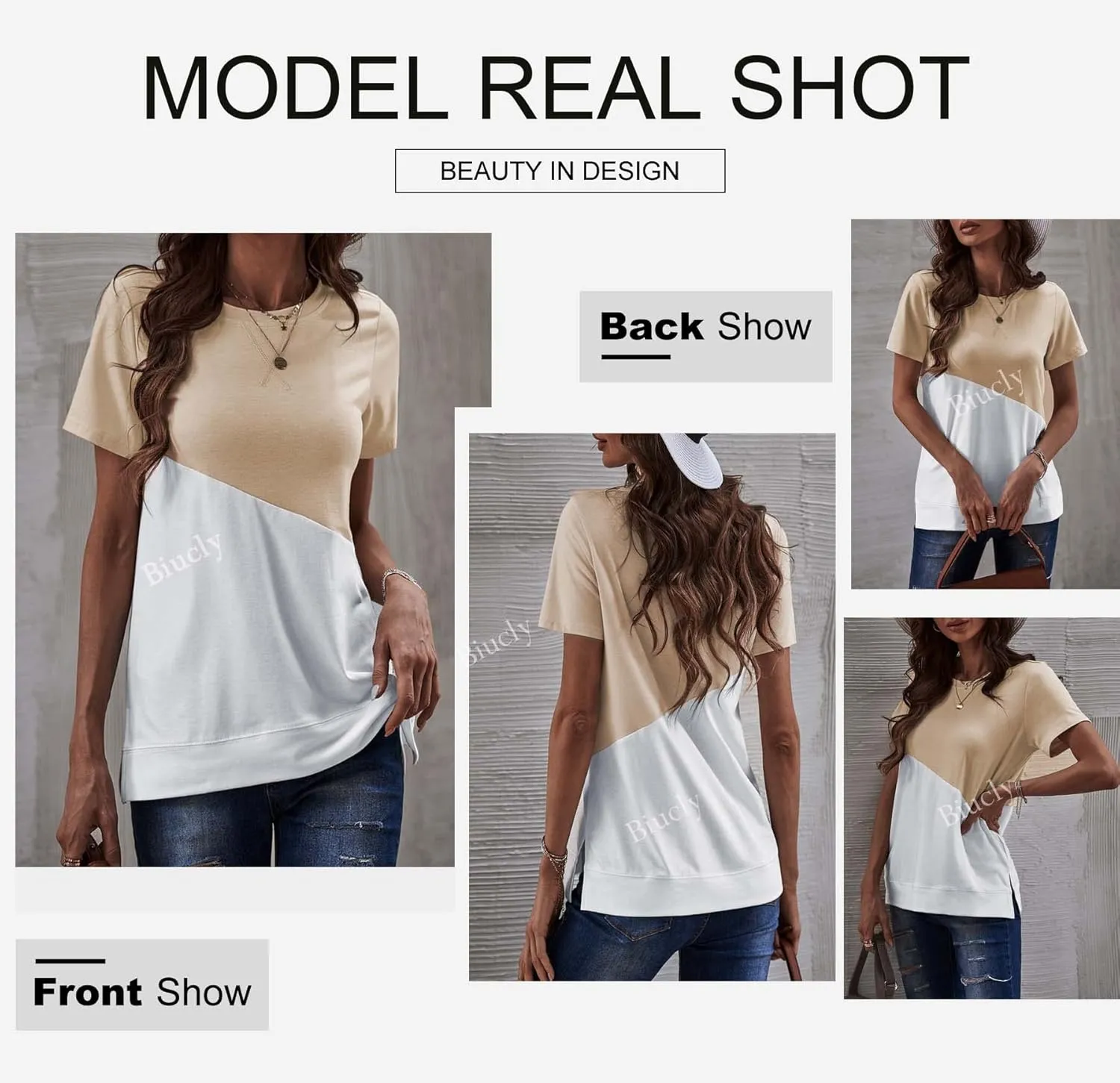 Biucly Womens Short Sleeve Crewneck Shirts Loose Casual Tee T-Shirt