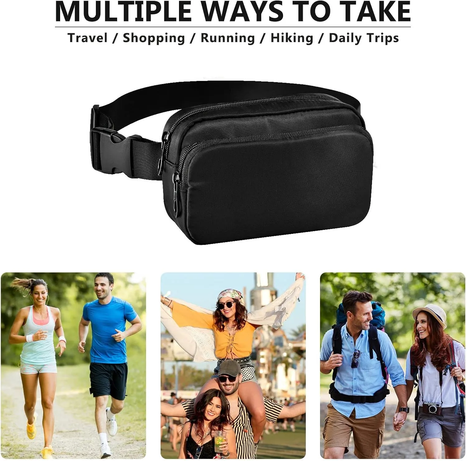 Black Fanny Pack for Women Men Belt Bag Crossbody Waist Pouch Waterproof Everywhere Purse Fashion Sling Bag for Running Hiking Workout Walking