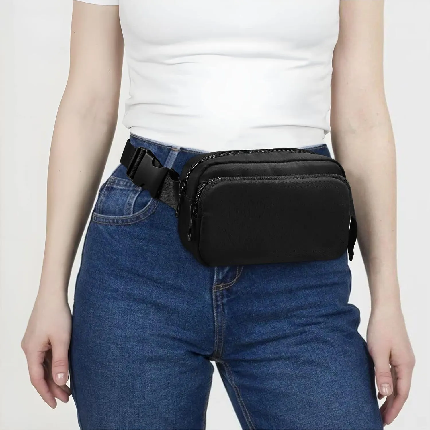 Black Fanny Pack for Women Men Belt Bag Crossbody Waist Pouch Waterproof Everywhere Purse Fashion Sling Bag for Running Hiking Workout Walking