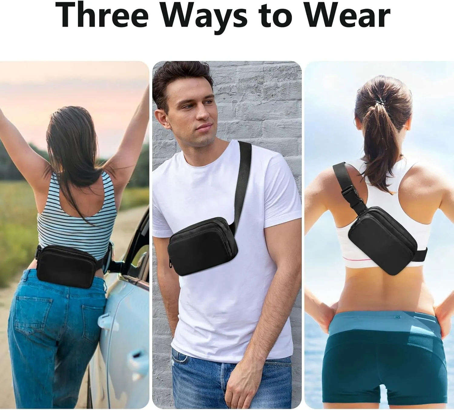 Black Fanny Pack for Women Men Belt Bag Crossbody Waist Pouch Waterproof Everywhere Purse Fashion Sling Bag for Running Hiking Workout Walking