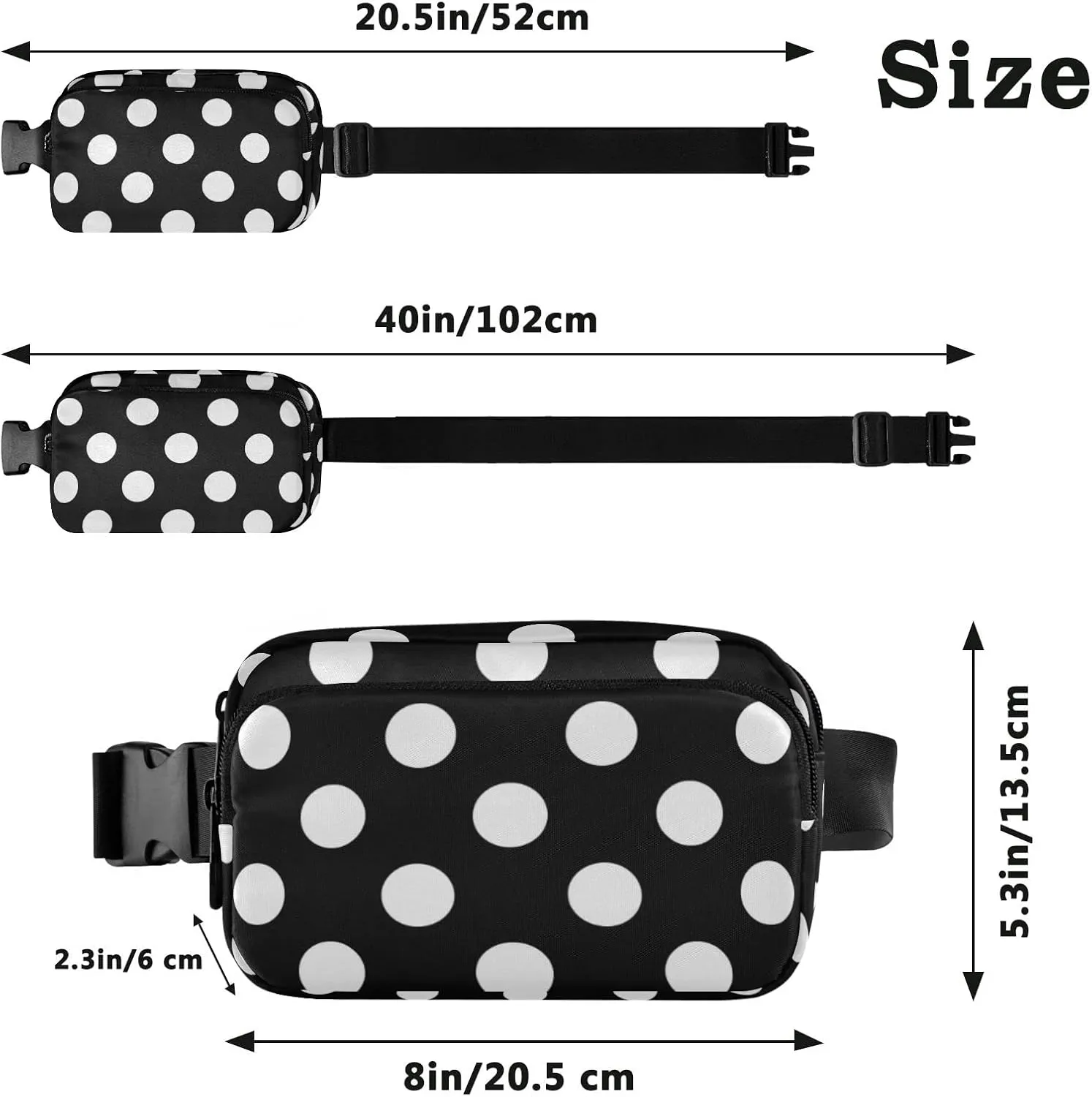 Black White Polka Dots Fanny Pack for Women Men Belt Bag Crossbody Waist Pouch Waterproof Everywhere Purse Fashion Sling Bag for Running Hiking Workout Travel