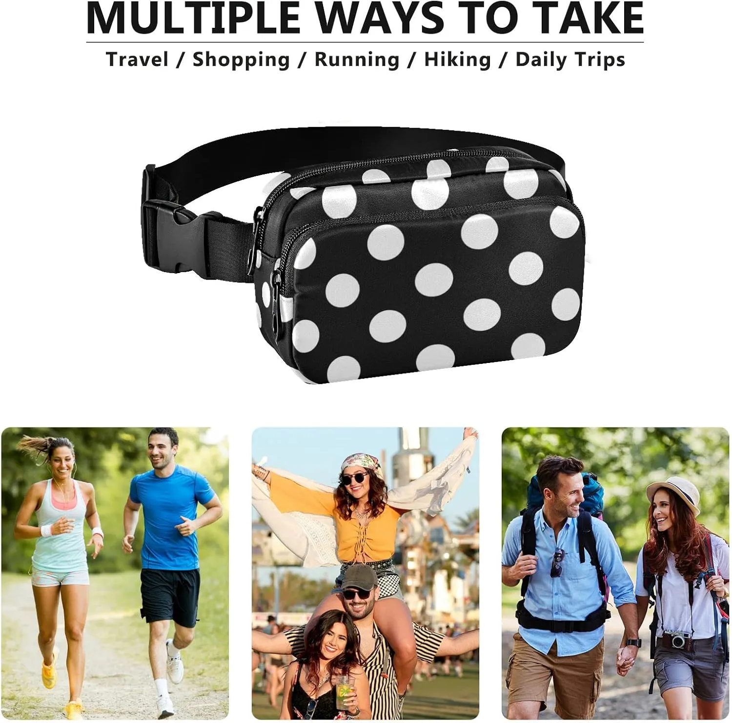 Black White Polka Dots Fanny Pack for Women Men Belt Bag Crossbody Waist Pouch Waterproof Everywhere Purse Fashion Sling Bag for Running Hiking Workout Travel