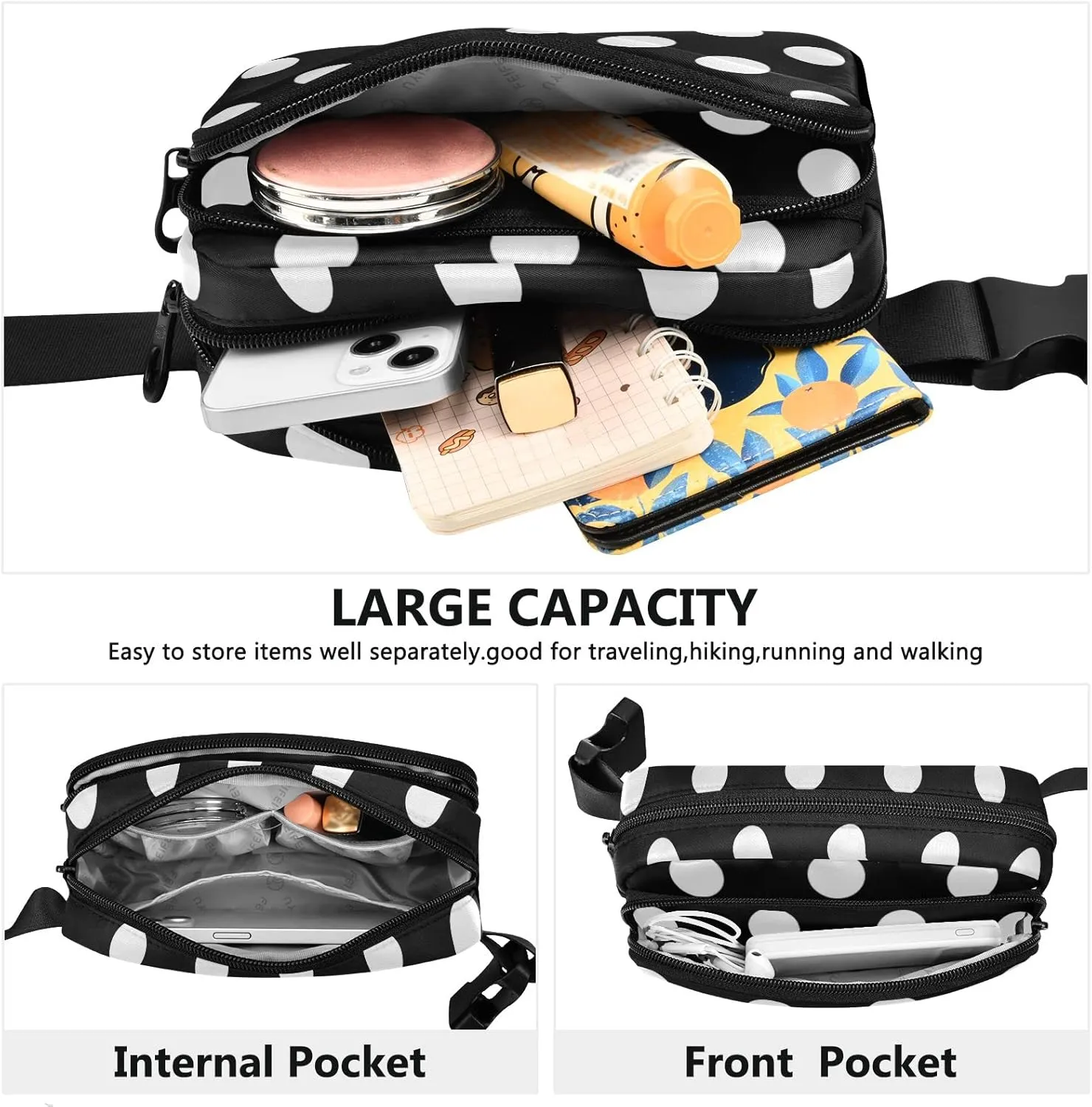 Black White Polka Dots Fanny Pack for Women Men Belt Bag Crossbody Waist Pouch Waterproof Everywhere Purse Fashion Sling Bag for Running Hiking Workout Travel