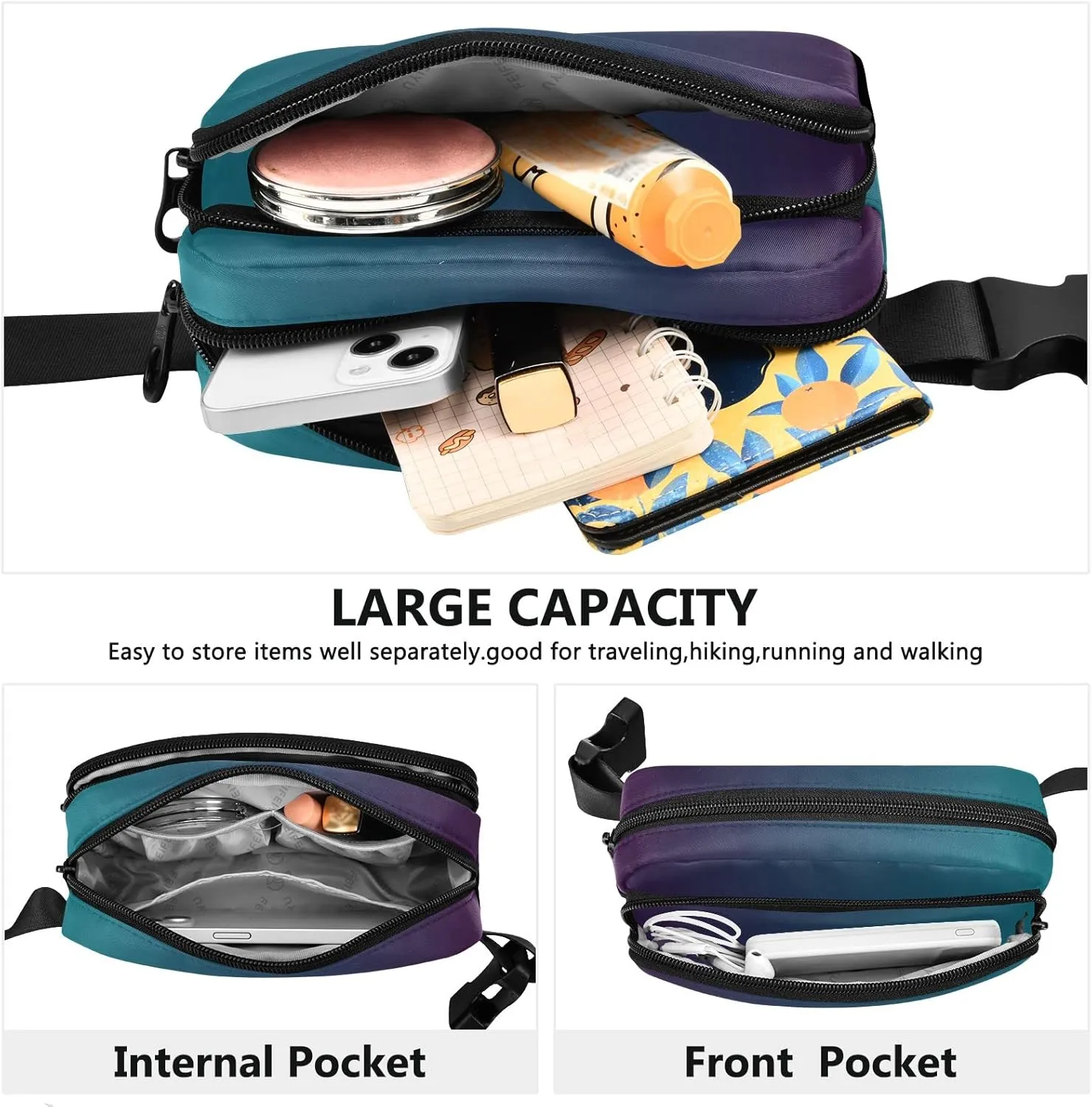 Blue Gradient Fanny Pack for Women Men Belt Bag Crossbody Waist Pouch Waterproof Everywhere Purse Fashion Sling Bag for Running Hiking Workout Walking Travel