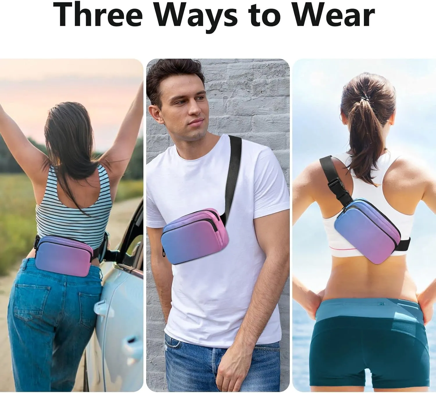 Blue Pink Gradient Fanny Pack for Women Men Belt Bag Crossbody Waist Pouch Waterproof Everywhere Purse Fashion Sling Bag for Running Hiking Workout Walking Travel