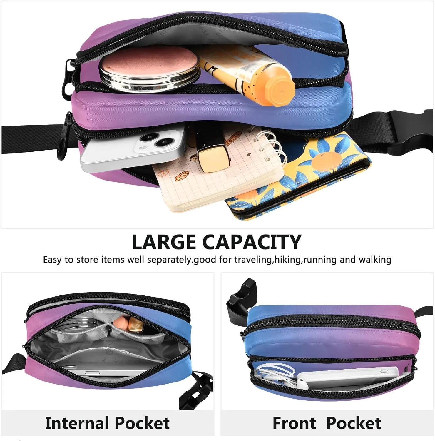 Blue Pink Gradient Fanny Pack for Women Men Belt Bag Crossbody Waist Pouch Waterproof Everywhere Purse Fashion Sling Bag for Running Hiking Workout Walking Travel