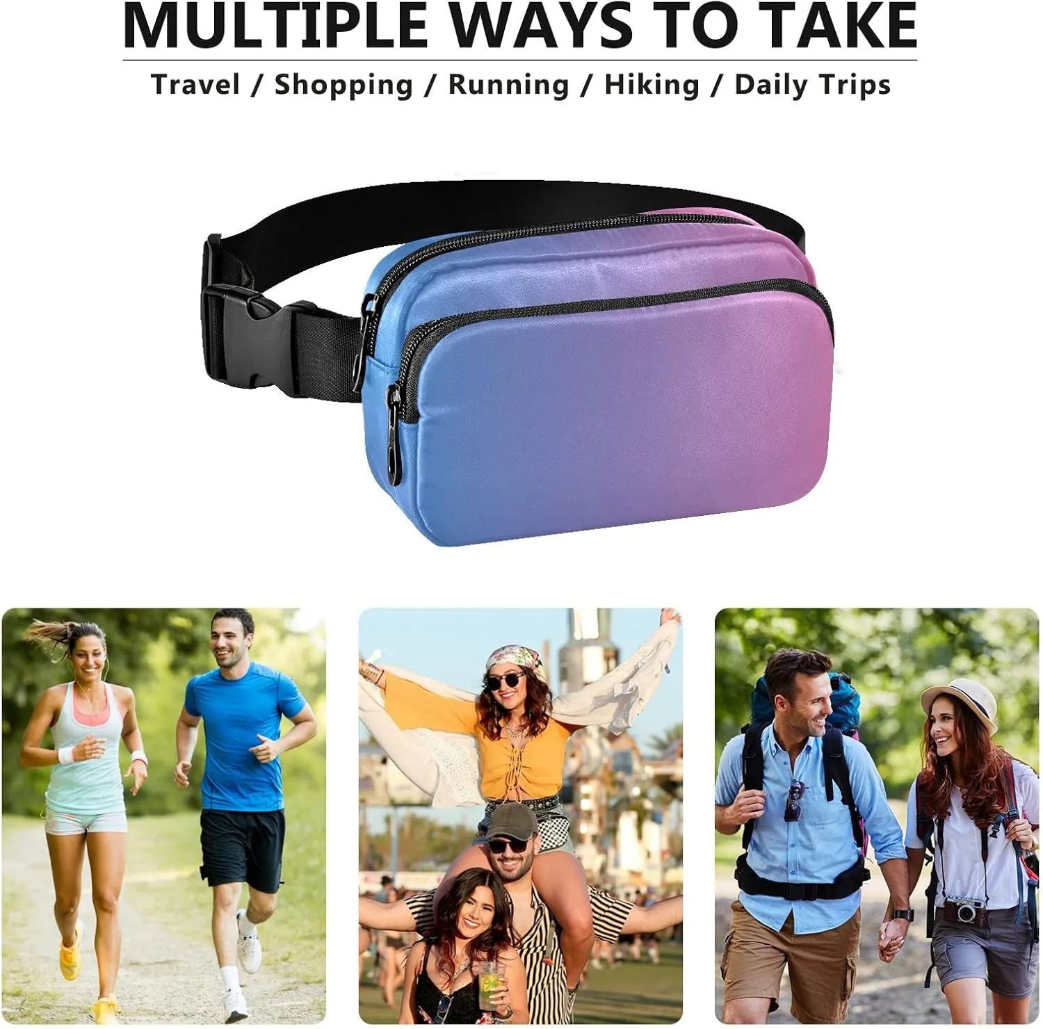 Blue Pink Gradient Fanny Pack for Women Men Belt Bag Crossbody Waist Pouch Waterproof Everywhere Purse Fashion Sling Bag for Running Hiking Workout Walking Travel