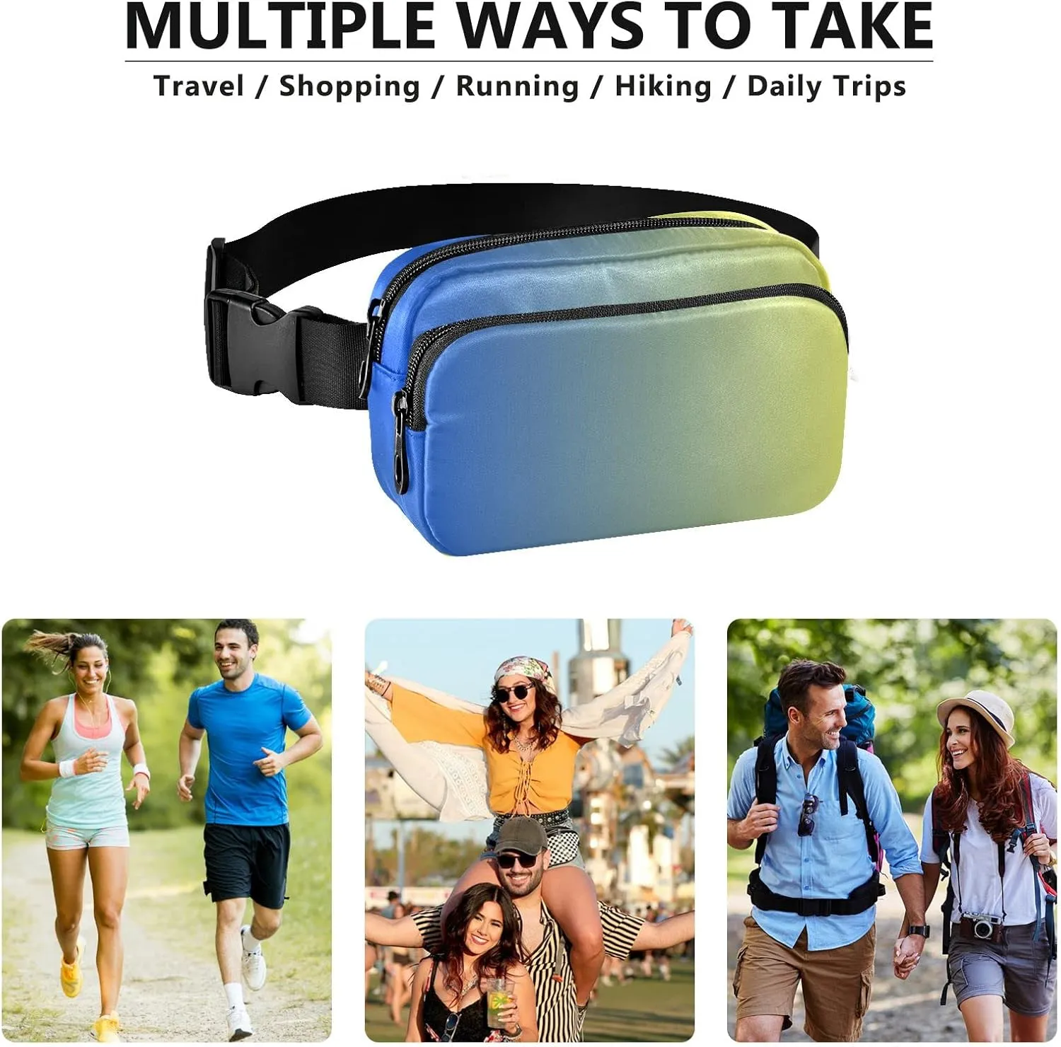 Blue Yellow Gradient Fanny Pack for Women Men Belt Bag Crossbody Waist Pouch Waterproof Everywhere Purse Fashion Sling Bag for Running Hiking Workout Walking