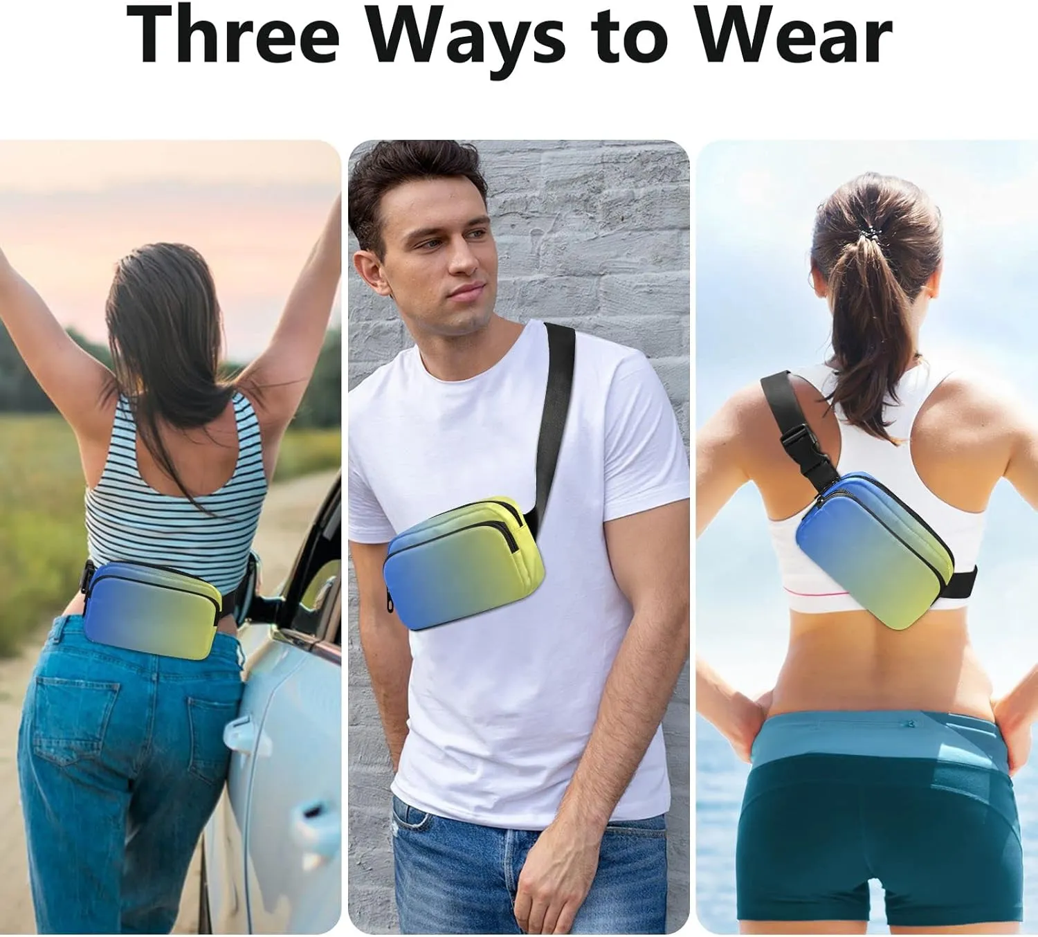 Blue Yellow Gradient Fanny Pack for Women Men Belt Bag Crossbody Waist Pouch Waterproof Everywhere Purse Fashion Sling Bag for Running Hiking Workout Walking