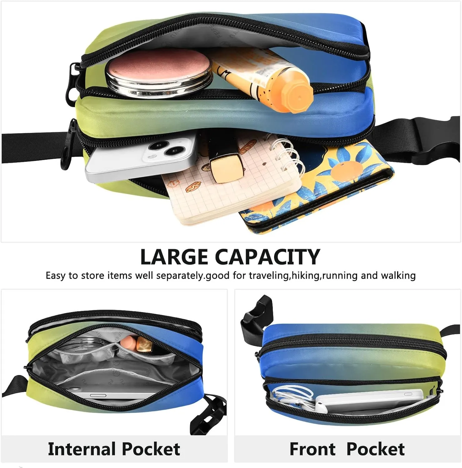 Blue Yellow Gradient Fanny Pack for Women Men Belt Bag Crossbody Waist Pouch Waterproof Everywhere Purse Fashion Sling Bag for Running Hiking Workout Walking