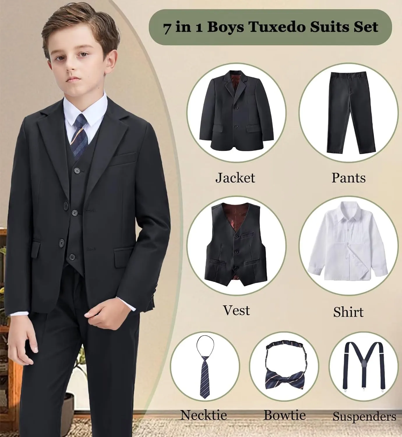 Boys Suit Kids Tuxedo Suits for Boys Adjustable Waist Vest Pants Suspenders Set Wedding Christmas Outfits