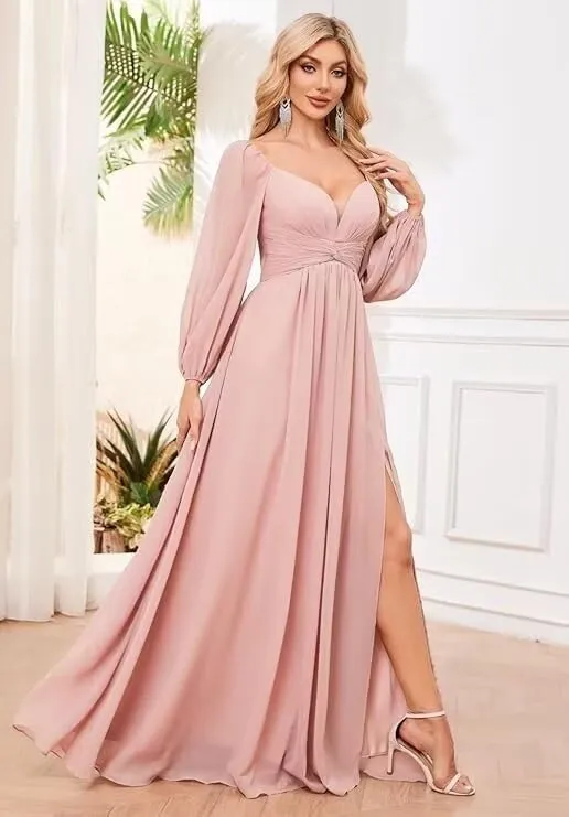 Bridesmaid Dresses for Women Long Sleeve 2025 Chiffon Sweetheart Pleated Formal Evening Gowns with Slit CD043