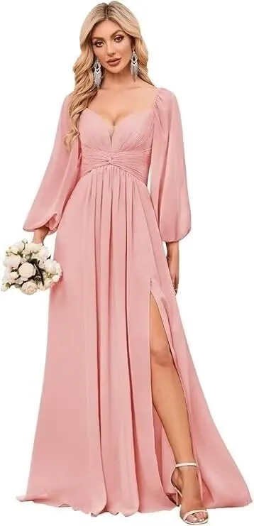 Bridesmaid Dresses for Women Long Sleeve 2025 Chiffon Sweetheart Pleated Formal Evening Gowns with Slit CD043