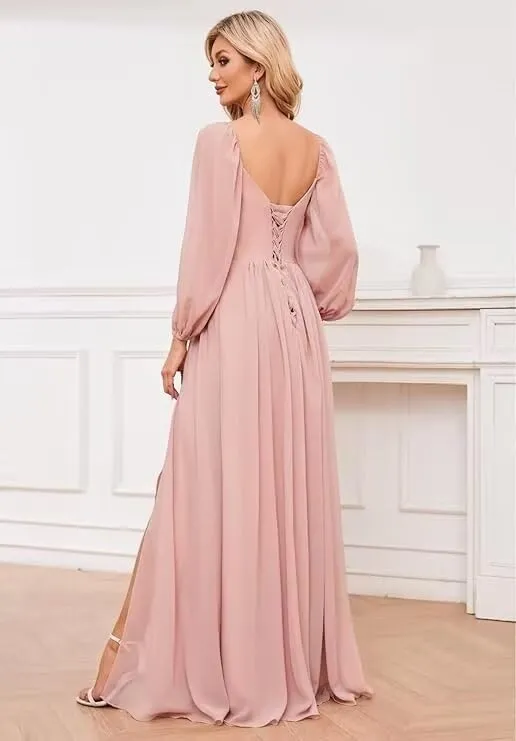 Bridesmaid Dresses for Women Long Sleeve 2025 Chiffon Sweetheart Pleated Formal Evening Gowns with Slit CD043