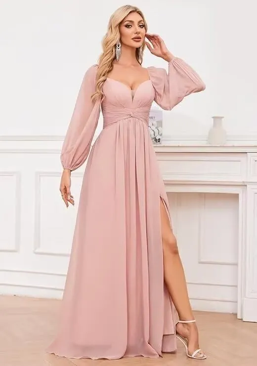 Bridesmaid Dresses for Women Long Sleeve 2025 Chiffon Sweetheart Pleated Formal Evening Gowns with Slit CD043