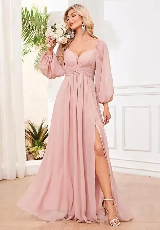 Bridesmaid Dresses for Women Long Sleeve 2025 Chiffon Sweetheart Pleated Formal Evening Gowns with Slit CD043