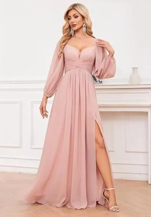 Bridesmaid Dresses for Women Long Sleeve 2025 Chiffon Sweetheart Pleated Formal Evening Gowns with Slit CD043
