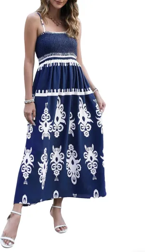 Bsubseach Womens Summer Casual Dress Long Boho Spaghetti Strap Beach Vacation Sundresses Flowy Sleeveless Maxi Dress