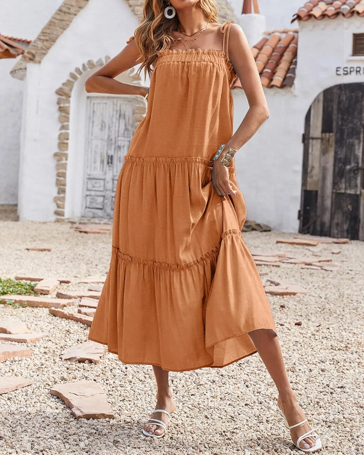 BTFBM Women 2024 Summer Maxi Dresses Sleeveless Spaghetti Strap Casual Sundress Tiered Ruffle Boho Cami Beach Long Dress