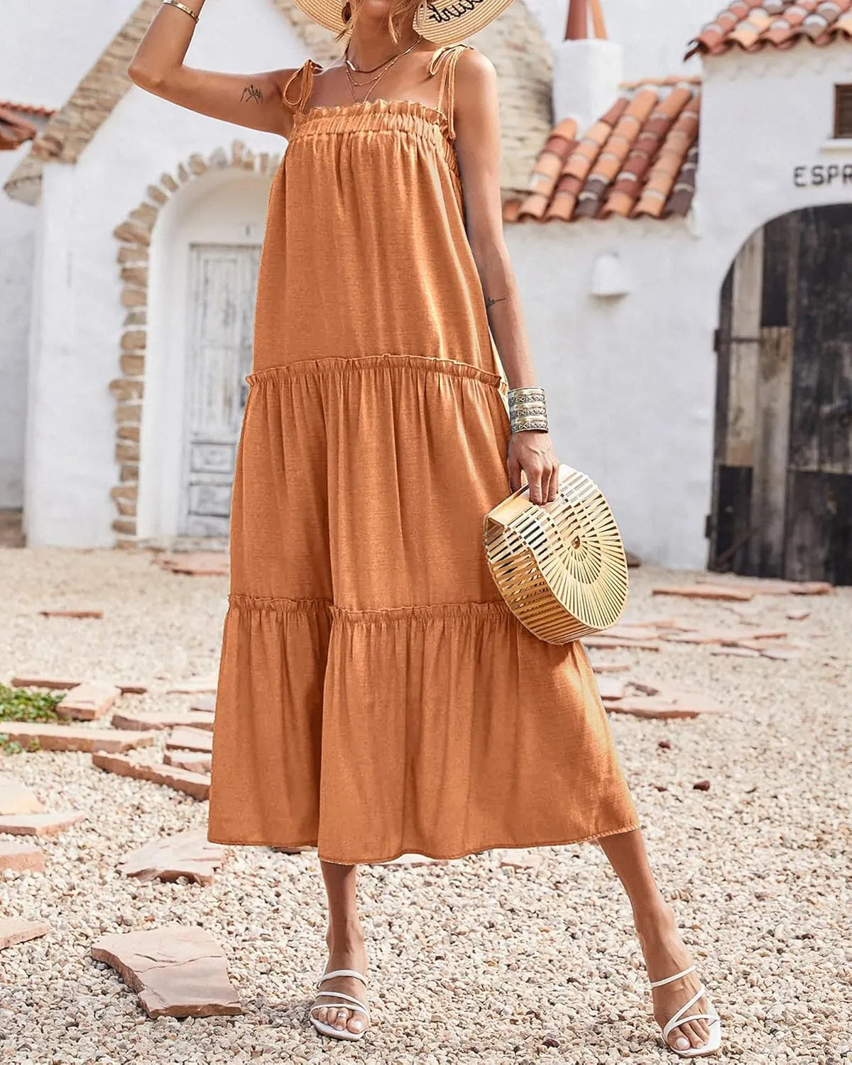 BTFBM Women 2024 Summer Maxi Dresses Sleeveless Spaghetti Strap Casual Sundress Tiered Ruffle Boho Cami Beach Long Dress