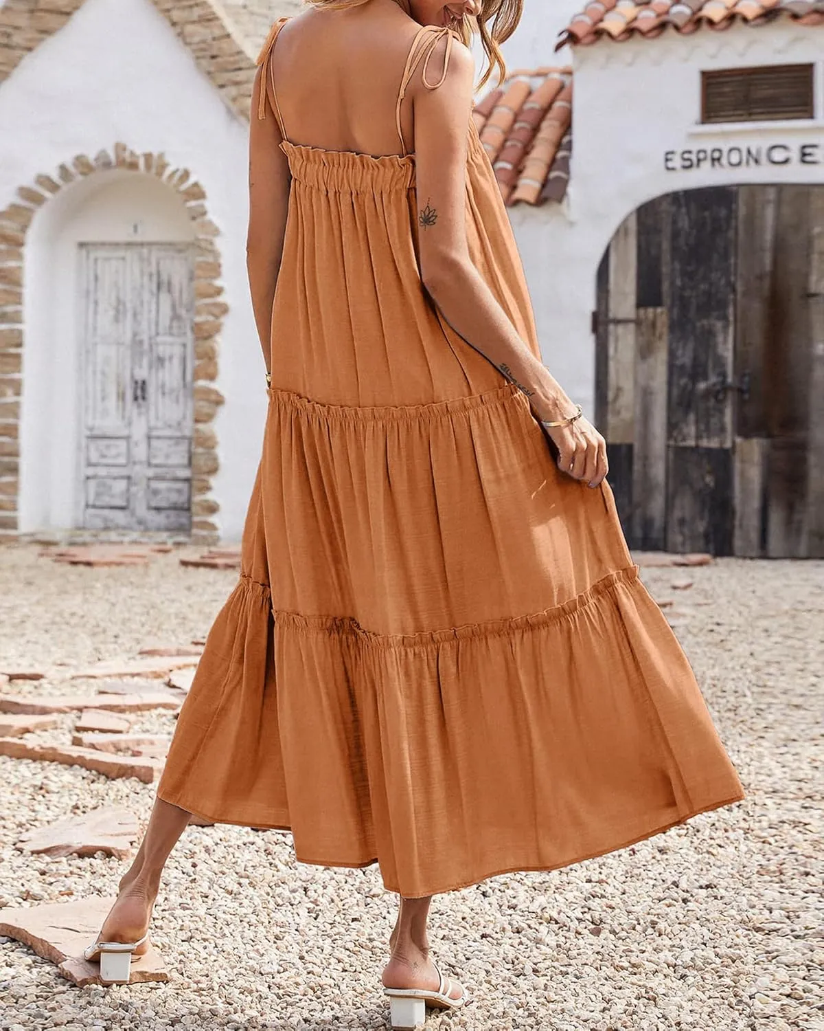 BTFBM Women 2024 Summer Maxi Dresses Sleeveless Spaghetti Strap Casual Sundress Tiered Ruffle Boho Cami Beach Long Dress