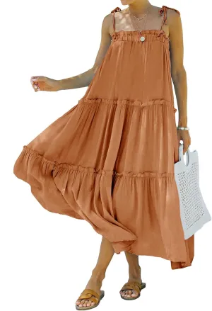 BTFBM Women 2024 Summer Maxi Dresses Sleeveless Spaghetti Strap Casual Sundress Tiered Ruffle Boho Cami Beach Long Dress