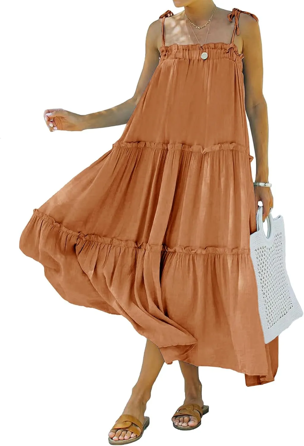 BTFBM Women 2024 Summer Maxi Dresses Sleeveless Spaghetti Strap Casual Sundress Tiered Ruffle Boho Cami Beach Long Dress
