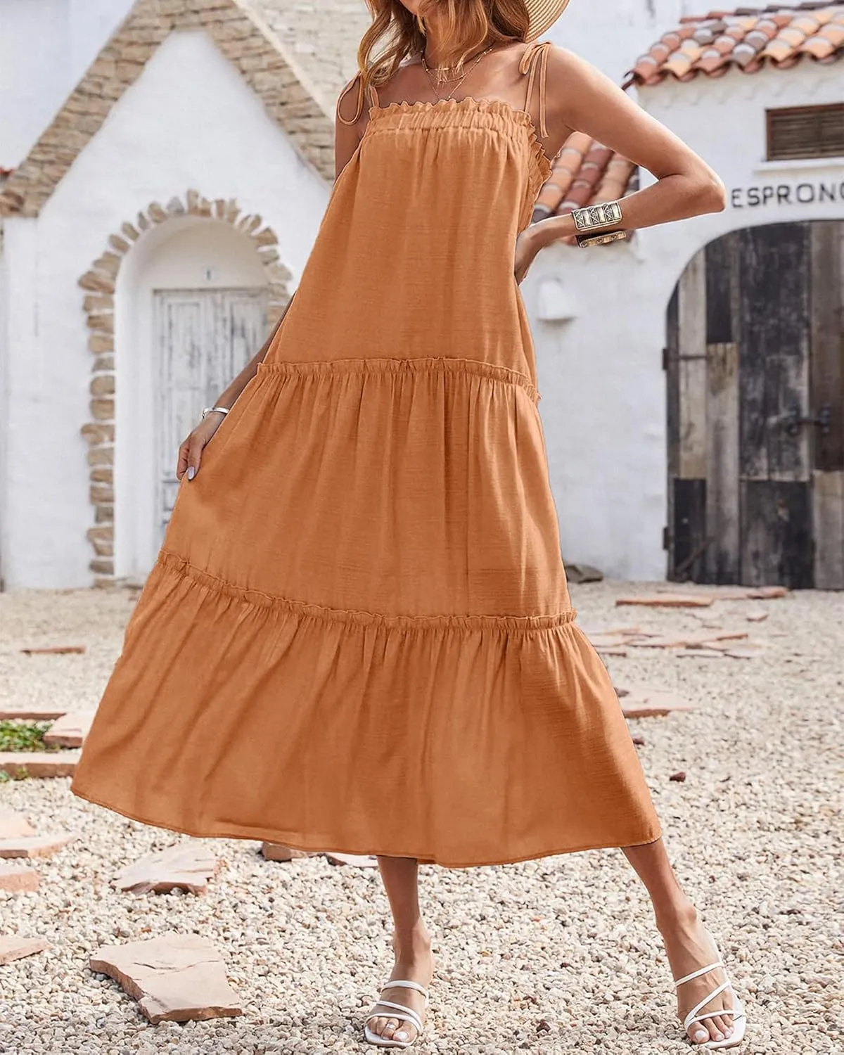 BTFBM Women 2024 Summer Maxi Dresses Sleeveless Spaghetti Strap Casual Sundress Tiered Ruffle Boho Cami Beach Long Dress