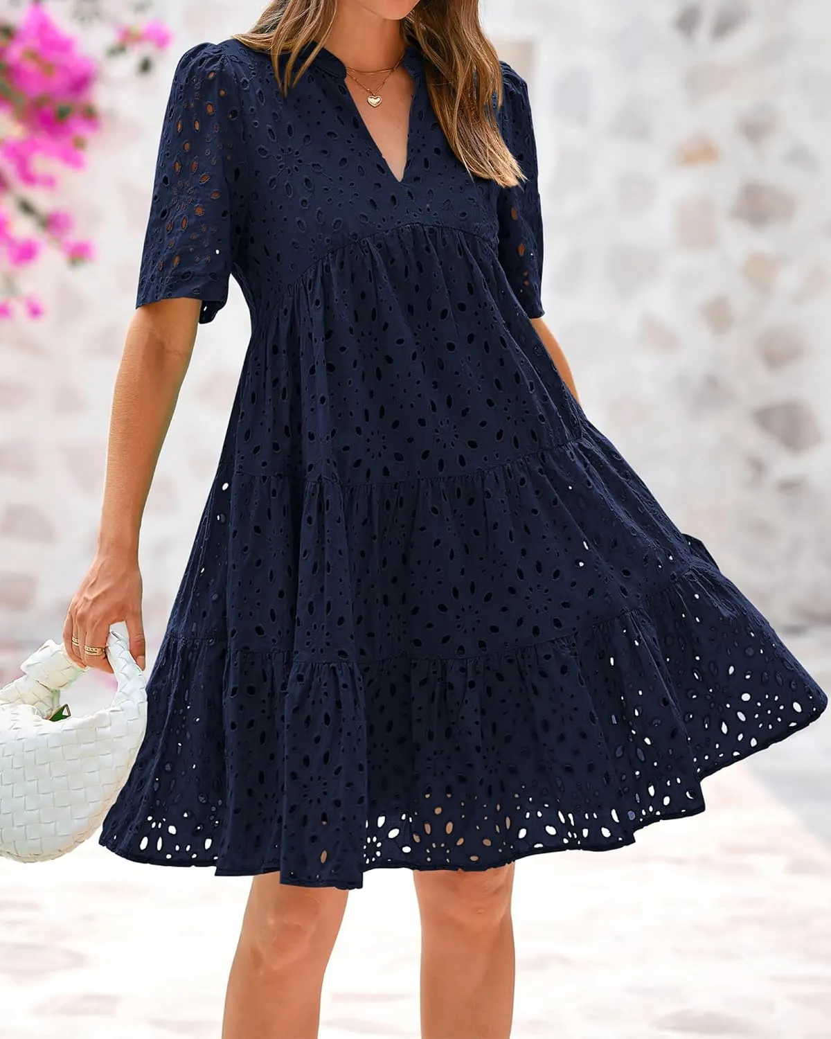 BTFBM Womens Boho Summer Dresses 2025 Resort V Neck Short Sleeve Hollow Out Lace Ruffle Casual Beach Mini Vacation Dress