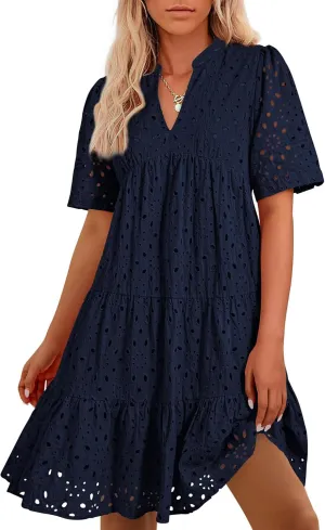 BTFBM Womens Boho Summer Dresses 2025 Resort V Neck Short Sleeve Hollow Out Lace Ruffle Casual Beach Mini Vacation Dress