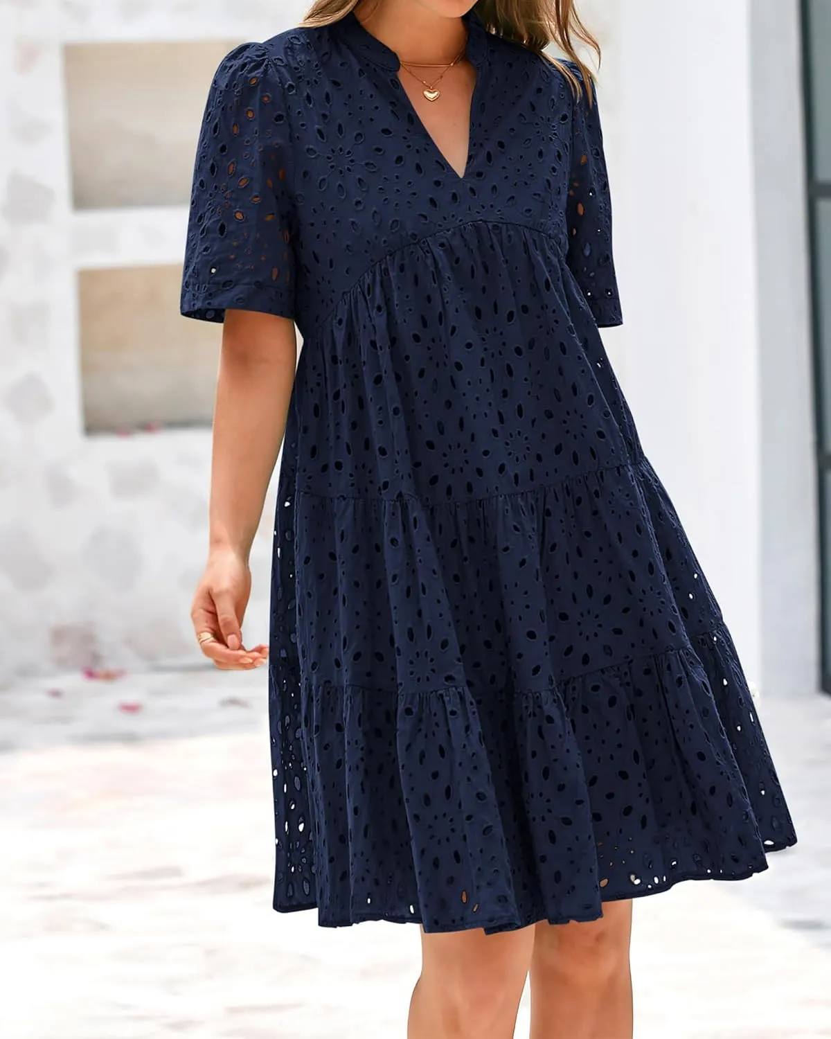 BTFBM Womens Boho Summer Dresses 2025 Resort V Neck Short Sleeve Hollow Out Lace Ruffle Casual Beach Mini Vacation Dress