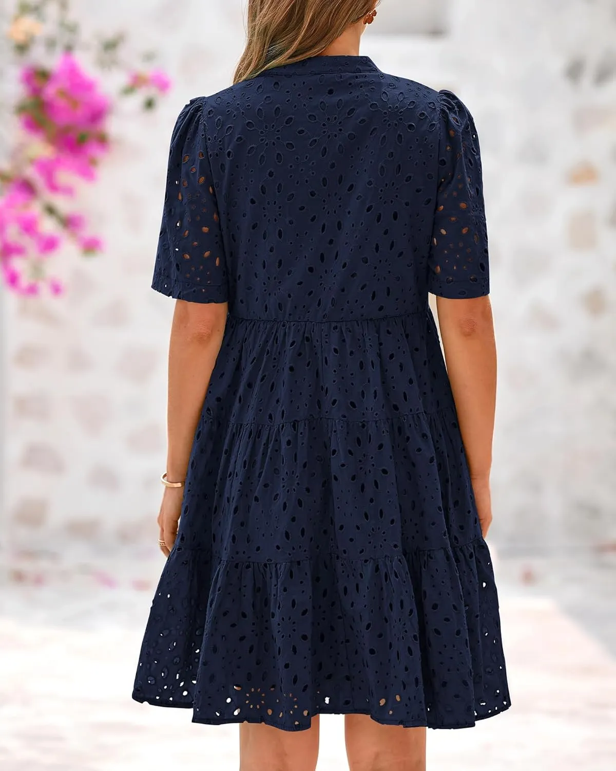 BTFBM Womens Boho Summer Dresses 2025 Resort V Neck Short Sleeve Hollow Out Lace Ruffle Casual Beach Mini Vacation Dress