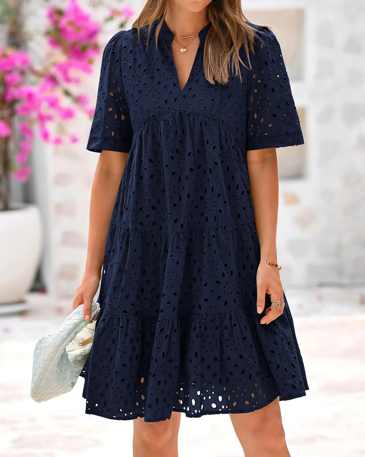 BTFBM Womens Boho Summer Dresses 2025 Resort V Neck Short Sleeve Hollow Out Lace Ruffle Casual Beach Mini Vacation Dress