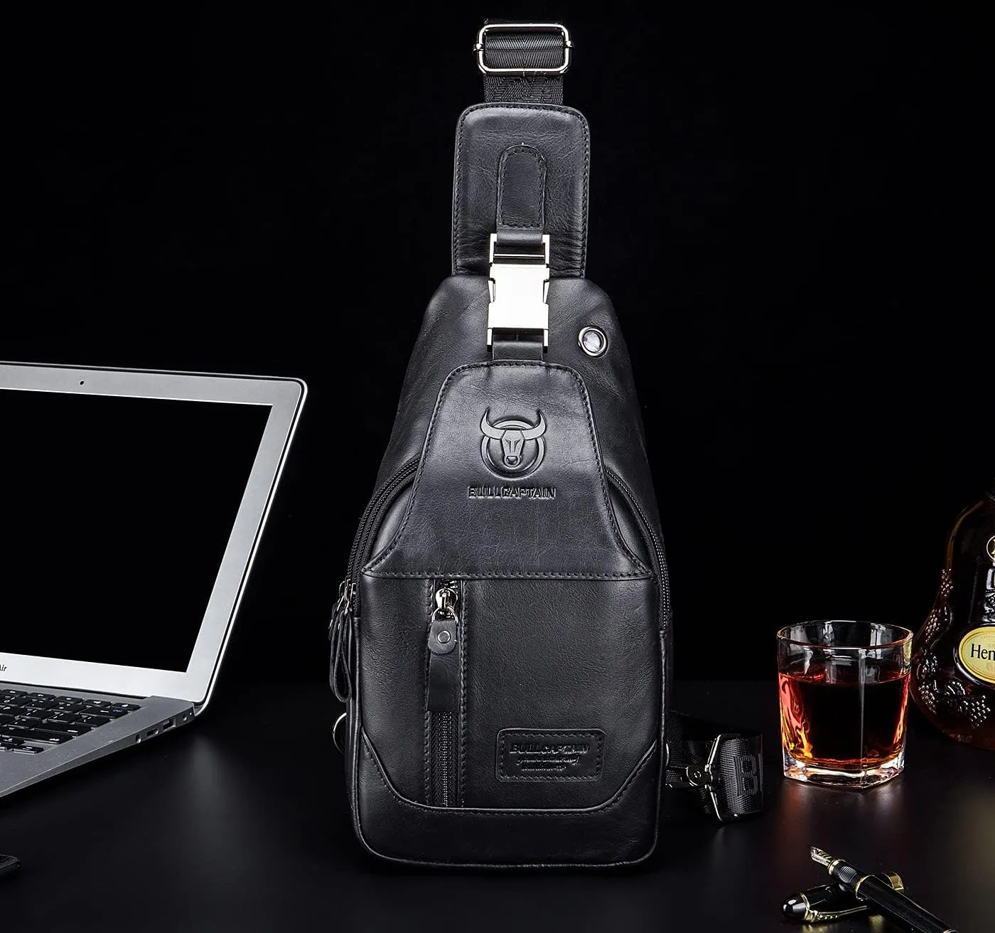 BULLCAPTAIN Genuine Leather Men Sling Backpack Multi Pocket Crossbody Chest Bags Travel Hiking Daypack