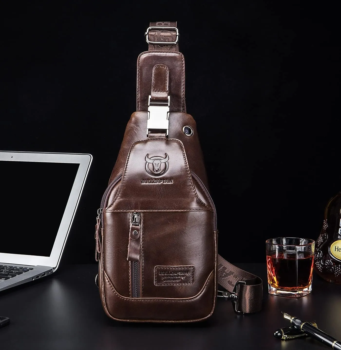 BULLCAPTAIN Genuine Leather Men Sling Backpack Multi Pocket Crossbody Chest Bags Travel Hiking Daypack