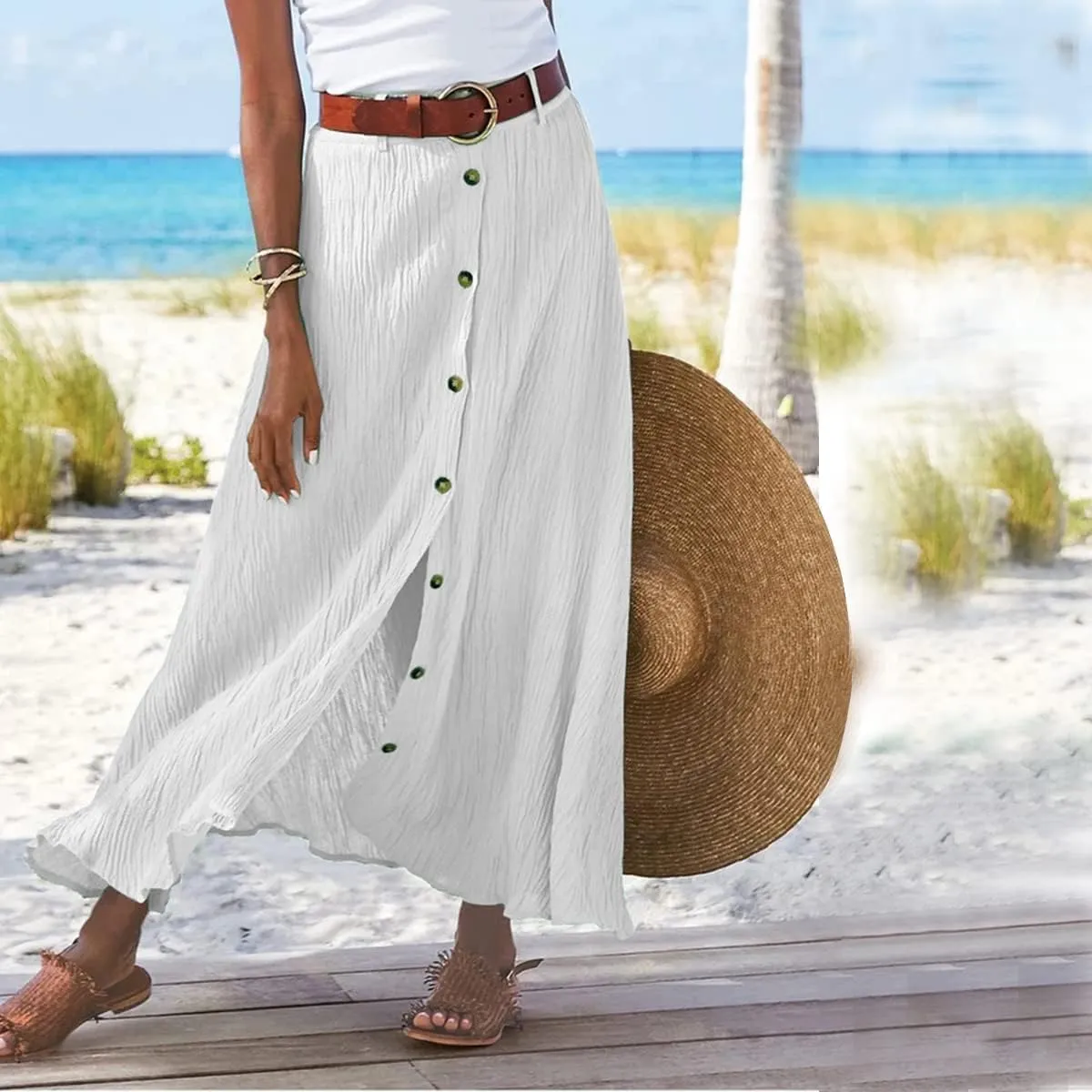 Button Down Cotton Linen Skirts for Women Casual Split Front Flowy Maxi Skirt Boho Plus Size A Line Wrap Skirt