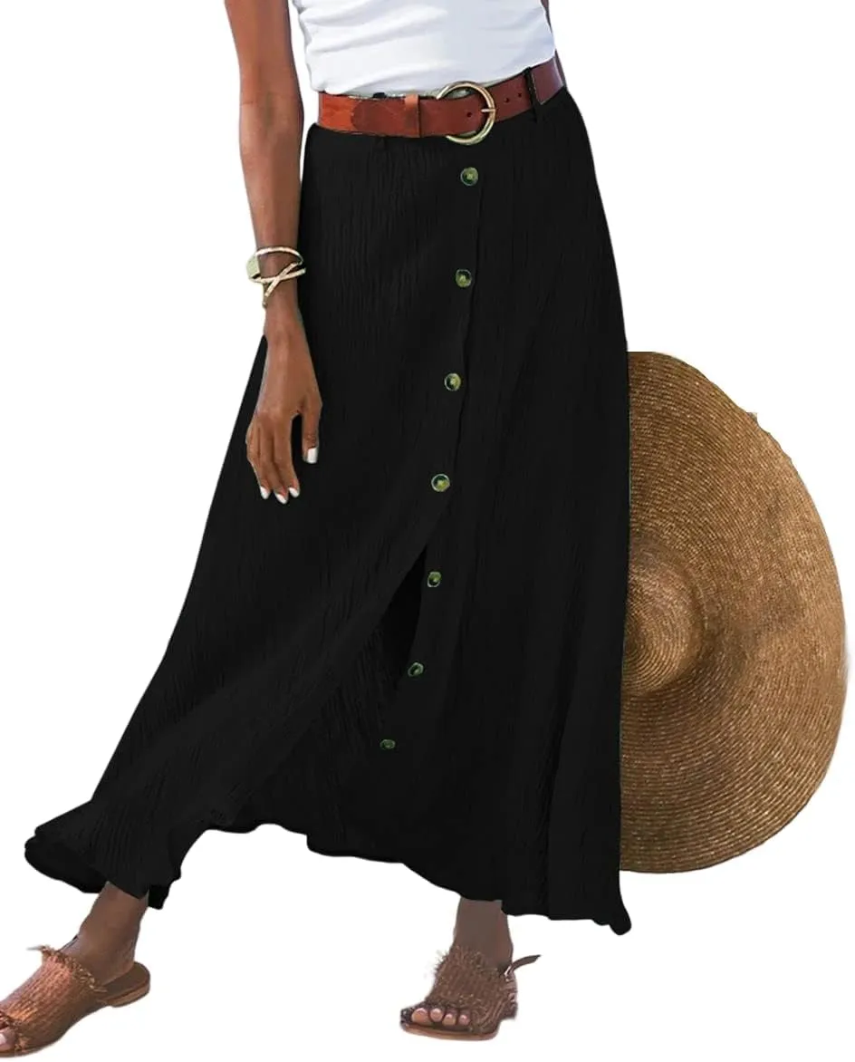 Button Down Cotton Linen Skirts for Women Casual Split Front Flowy Maxi Skirt Boho Plus Size A Line Wrap Skirt