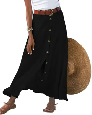 Button Down Cotton Linen Skirts for Women Casual Split Front Flowy Maxi Skirt Boho Plus Size A Line Wrap Skirt