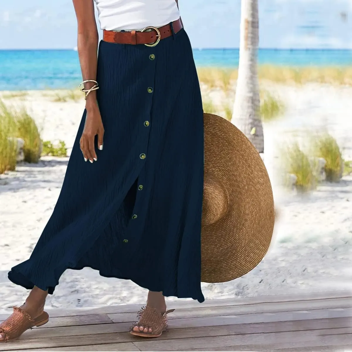 Button Down Cotton Linen Skirts for Women Casual Split Front Flowy Maxi Skirt Boho Plus Size A Line Wrap Skirt