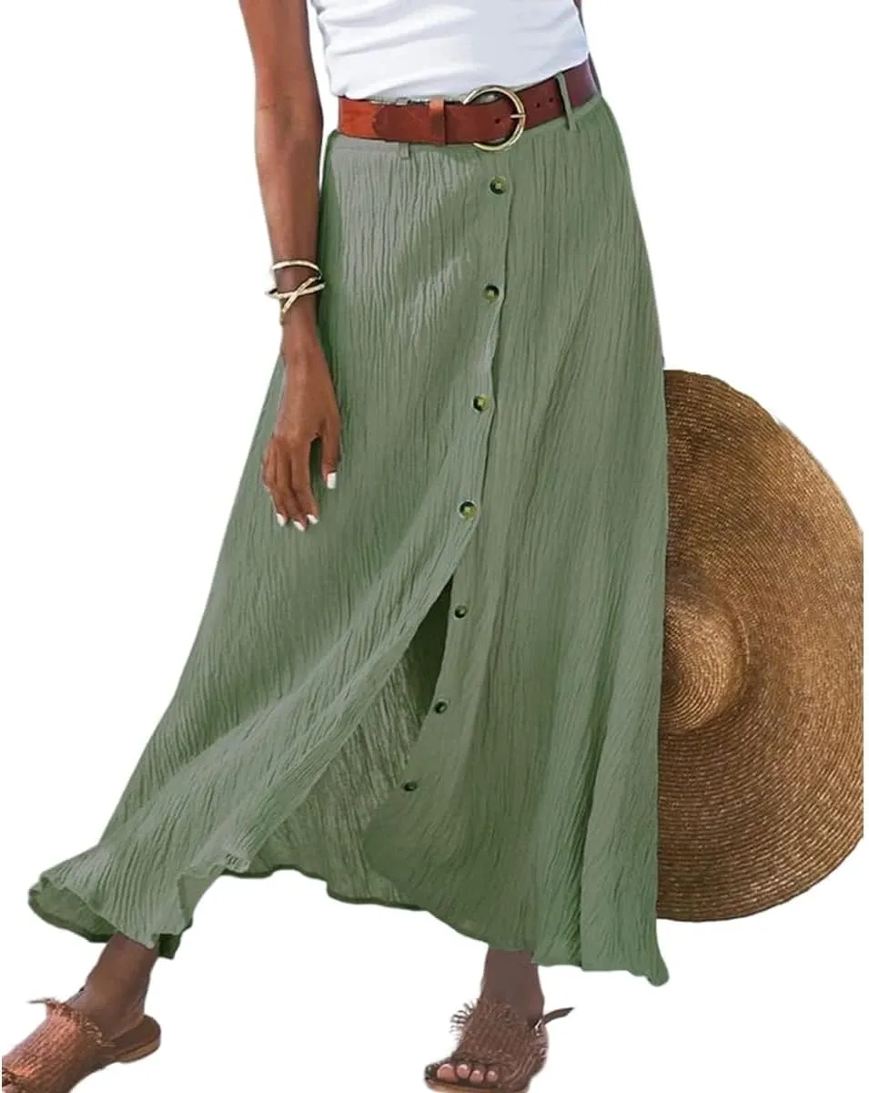 Button Down Cotton Linen Skirts for Women Casual Split Front Flowy Maxi Skirt Boho Plus Size A Line Wrap Skirt