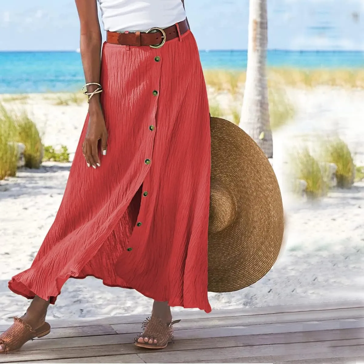 Button Down Cotton Linen Skirts for Women Casual Split Front Flowy Maxi Skirt Boho Plus Size A Line Wrap Skirt
