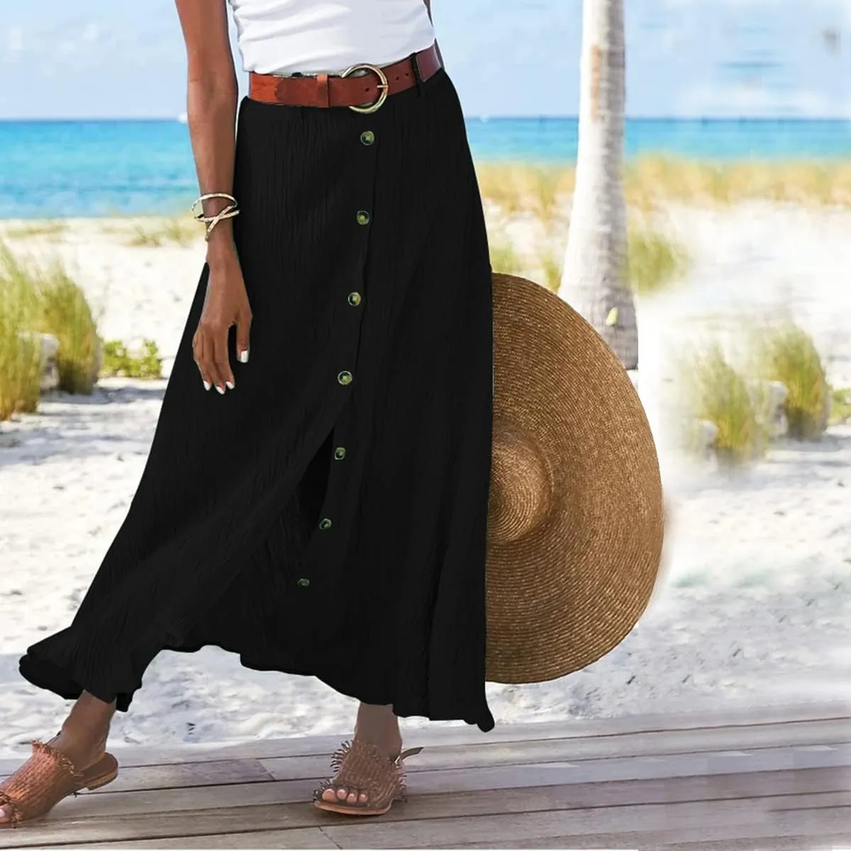Button Down Cotton Linen Skirts for Women Casual Split Front Flowy Maxi Skirt Boho Plus Size A Line Wrap Skirt