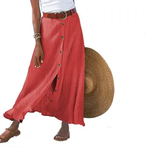 Button Down Cotton Linen Skirts for Women Casual Split Front Flowy Maxi Skirt Boho Plus Size A Line Wrap Skirt